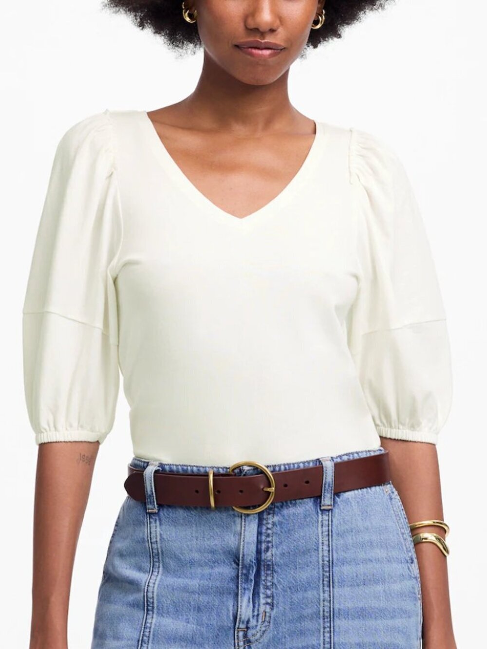 Madewell Puff Sleeve Relaxed Fit Cotton Jersey V-Neck Tee White Size S NWT